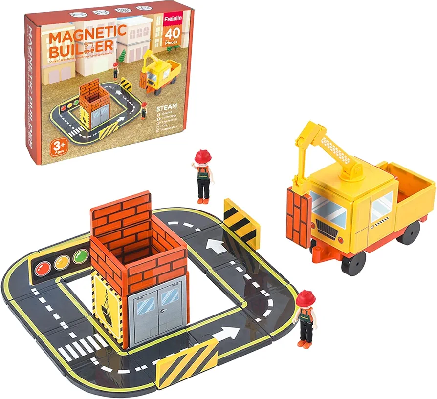 Magnetic Tiles Road Set with Carne, Road Pieces and Truck, Magnetic Building Blocks STEM Toys for Kids Ages 3-5 4-6, Gifts for 3+ Year Old Boys Girls