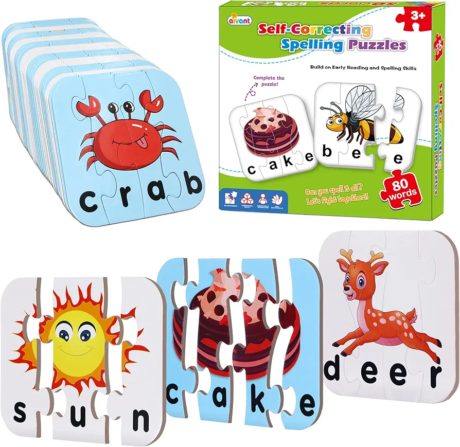 80 Words Self-Correcting Spelling Puzzles, Double-Sided Three and Four Letter Words with Matching Images, Perfect for Preschool Learning