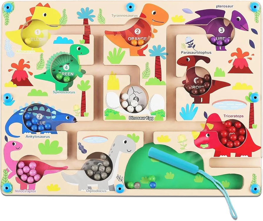 JRD&BS WINL Magnetic Color and Number Maze - Montessori Toys for 3-6Year Old Boys Girls, Wooden Magnet Puzzle Game Board for Toddlers (Dinosaur)