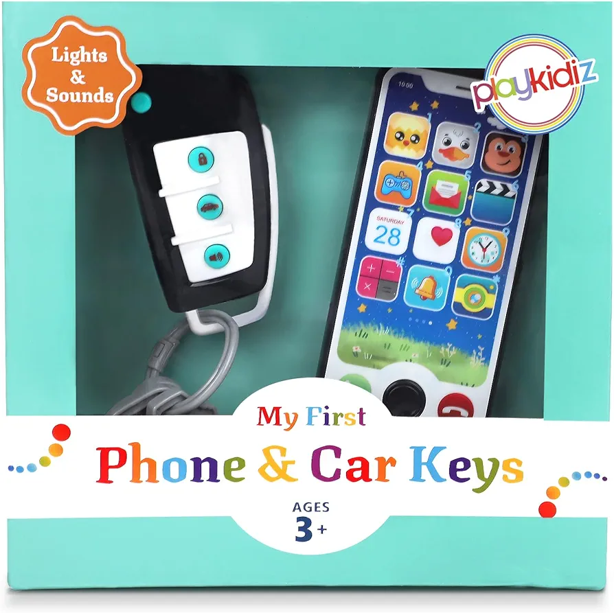 Toy Phone w/ Car Keys, Real Looking Pretend Play Toddler Cell Phone Toys and Remote Car Key for Boys, Lights, Sound Effects, Apps & Buttons - Batteries Included - 3+ (Phone & Keys)