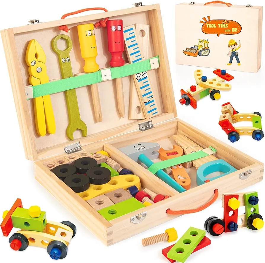 Bravmate Toddler Tool Set with Portable Tool Box & DIY Stickers, Wooden Kids Tool Sets for Boys Girls Age 2-4, STEM Montessori Educational Preschool Toys, Birthday Gifts for 3+ Years Old