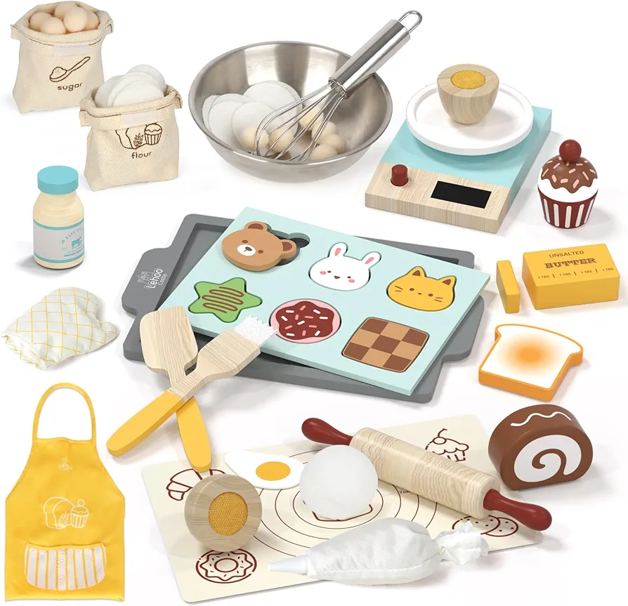 Lehoo Castle Play Food Set for Kids Kitchen, Play Kitchen Accessories Wooden, Kids Baking Set for Boys, Toys Cupcakes and Cookie Maker for Kids, Preschool Cooking Toys for Toddlers Boys Girls Ages 3+