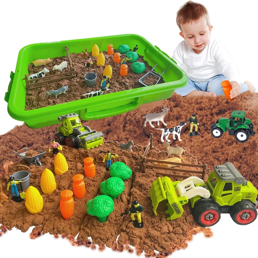 Play Sand Farm Animals Toy Set, Toddlers Magnetic Sensory Sand wirh Farm Figures ＆ Take Apart Farmer's Car, Sandbox with Cover for Kids 3-8 Years Old