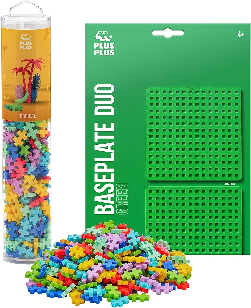 PLUS PLUS - Tropical Mix 240 Piece Tube & Green Baseplate Duo - Construction Building Stem/Steam Toy, Interlocking Mini Puzzle Blocks for Kids