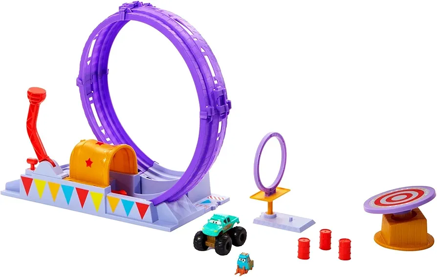 Mattel Disney and Pixar Cars On The Road Showtime Loop Playset with Ivy Monster Truck, Launcher and Movable Target, Toy Gift for Kids, HGV73