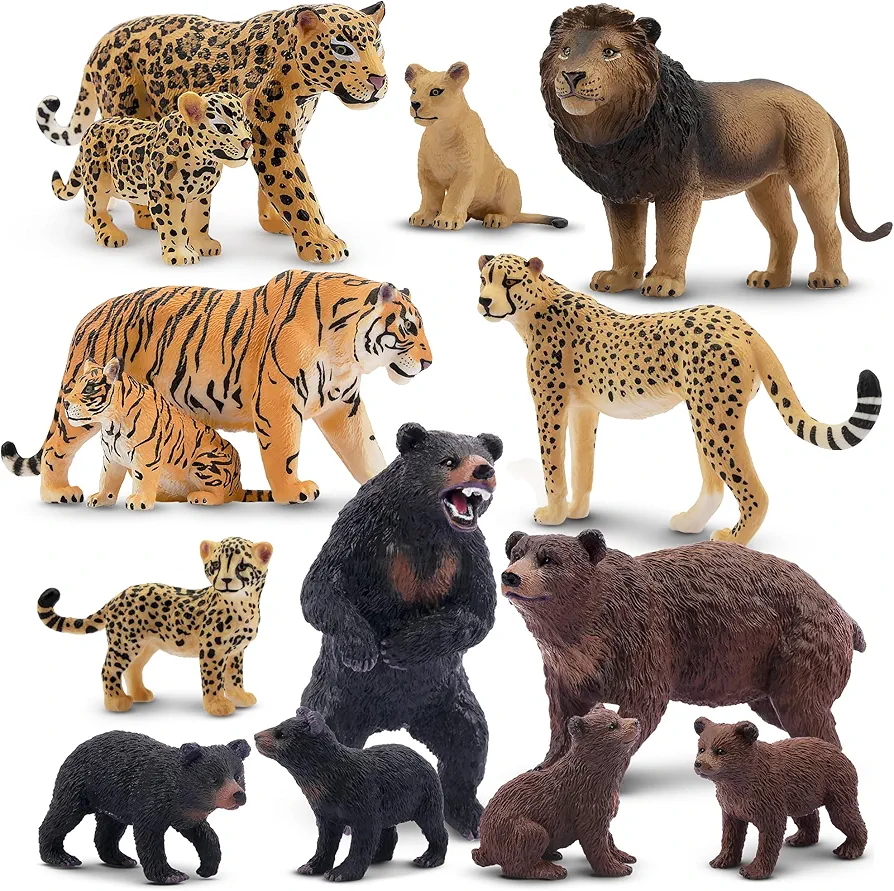 Toymany 14PCS Jungle Animals Figures Family Playset Includes Baby Animals, Realistic Bear, Lion, Tiger, Cheetah and Leopard Figurines with Cubs, Cake Toppers Christmas Birthday Toy Gift for Kids Toddl