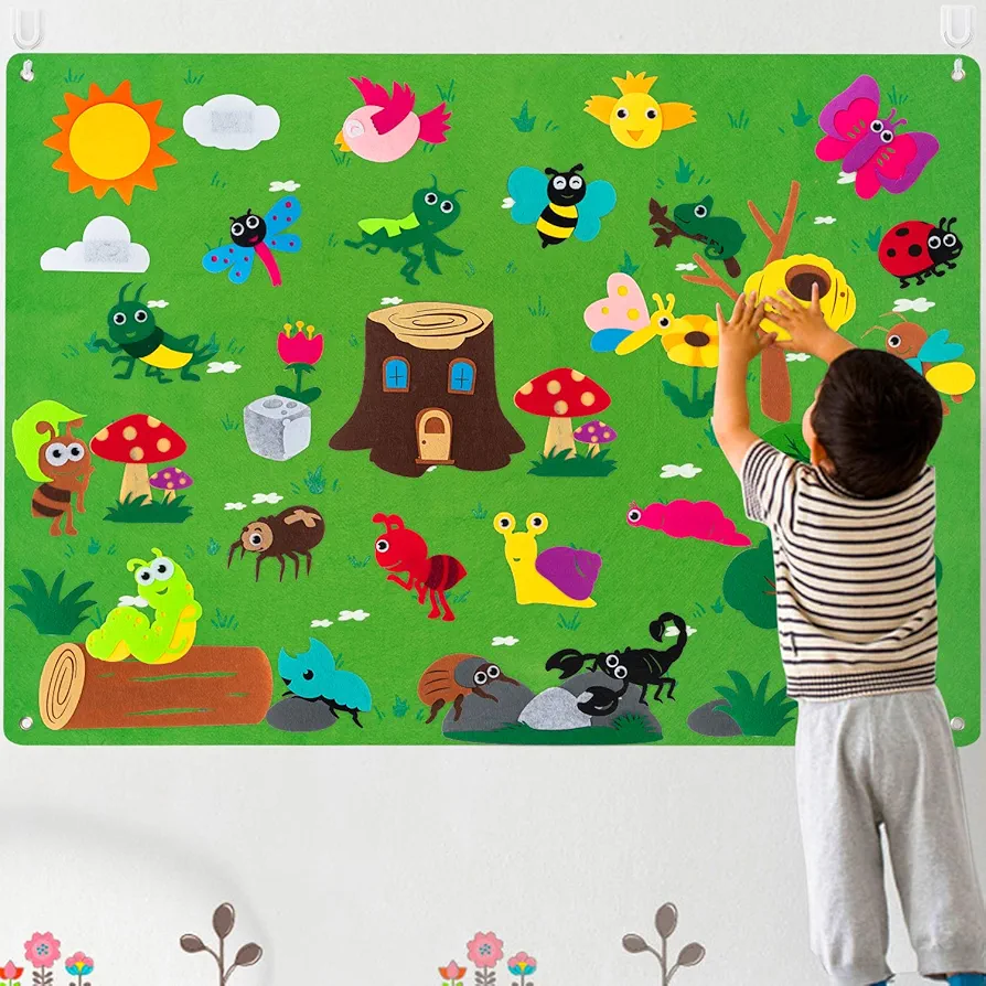 WATINC Insect Teaching Felt Board Story Set 3.5 Ft 45Pcs Preschool Bug Animals Caterpillar Bee Butterfly Dragonfly Storytelling Flannel Early Learning Play Kit Wall Hanging Gift for Toddlers (Green)