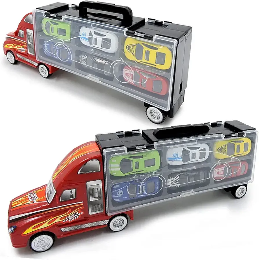 Maggie Large Toy Truck Transport Vehicle Set with 6 Metal Alloy Stylish Friction Powered Racing Cars for Toddlers, Kids, Children