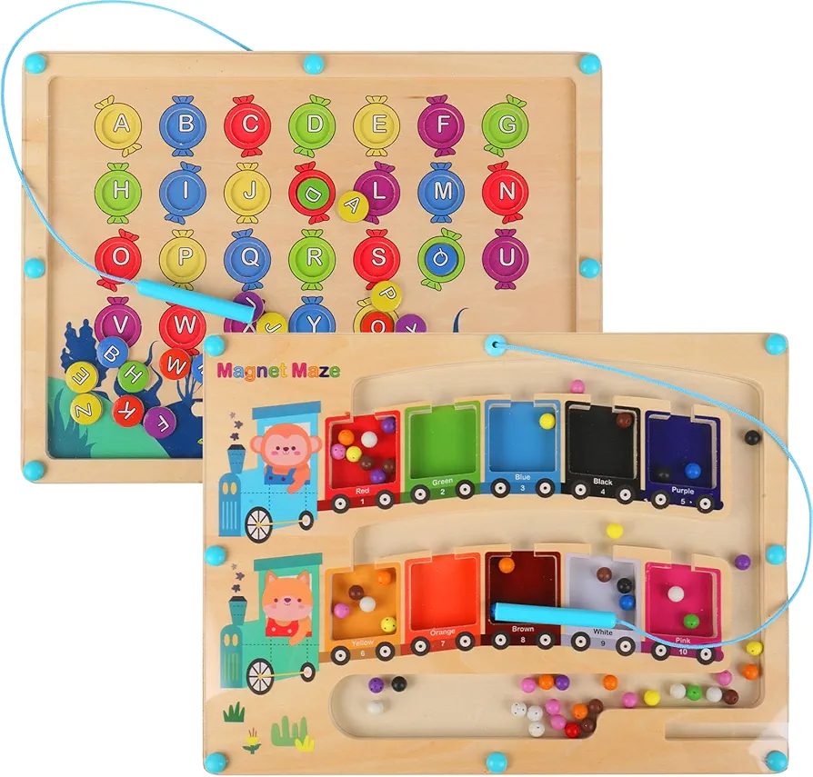 2-in-1 Magnetic Alphabet and Number Maze Board - Double-Sided Wooden Puzzle for Learning, Fine Motor Skills - Montessori Toys for Kids, Preschool Classroom