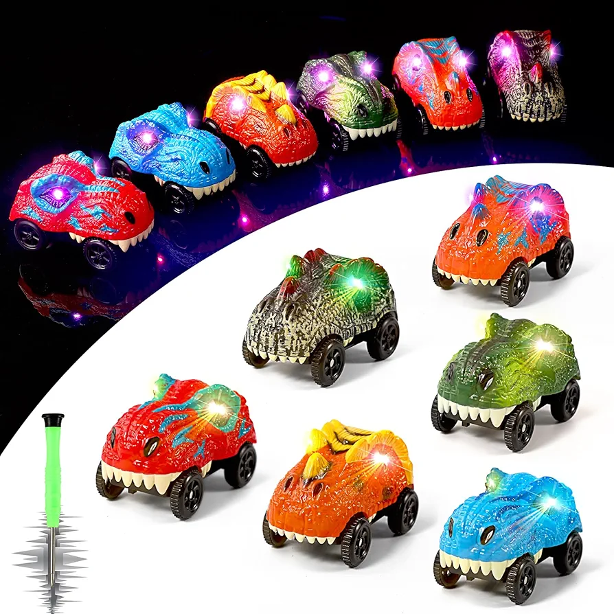 Tracks Cars Replacement only, Dino Track Cars for Tracks Glow in The Dark, Car Tracks Accessories with 3 Flashing LED Lights, Compatible with Most Car Tracks for Kids Boys and Girl(6pack)