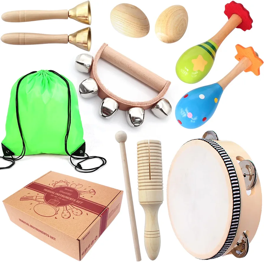 Wooden Musical Instruments Set for Children,Safe and Friendly Natural Materials,Kid's Music Enlightenment,Percussion Instrument Music Toys Kit for Preschool Education,Storage Bag