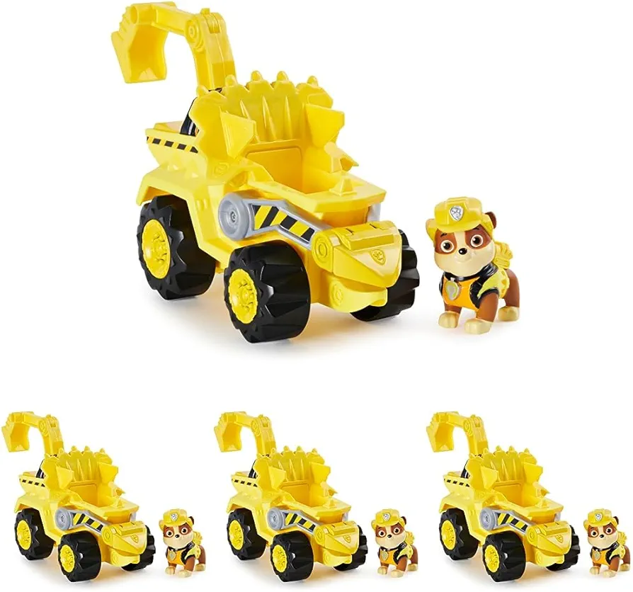 Paw Patrol, Dino Rescue Rubble’s Deluxe Rev Up Vehicle with Mystery Dinosaur Figure (Pack of 4)