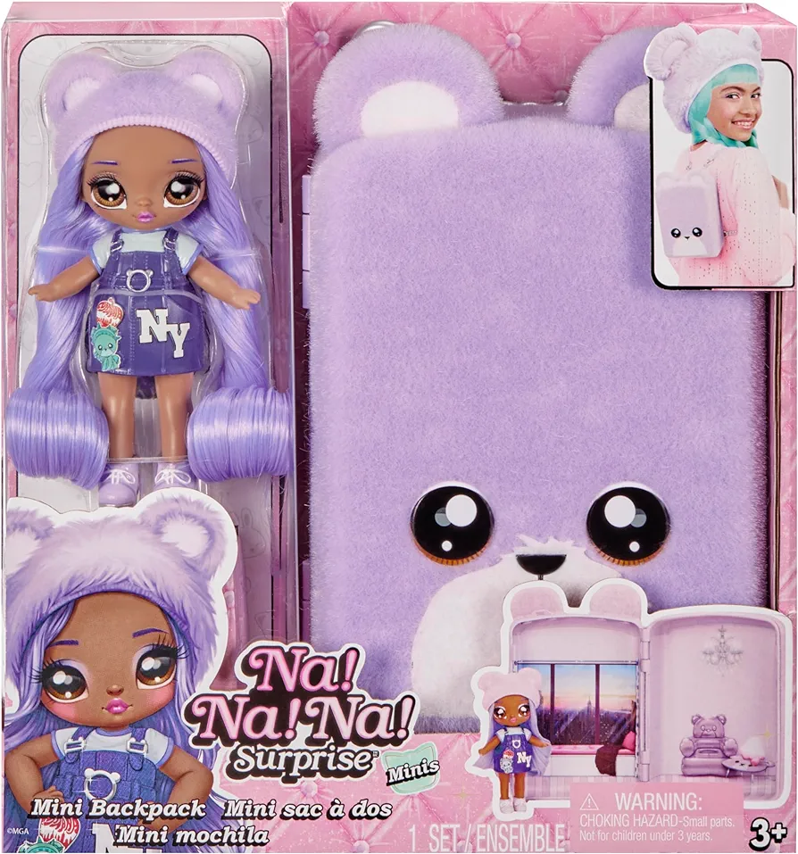 Na! Na! Na! Surprise Mini Backpack Bedroom Lizzy York Fashion Doll, Fuzzy Purple Bear Backpack, Gift for Kids, Ages 5 6 7 8+ Years