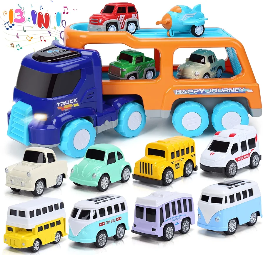 14PCS Toy Trucks Car for 3 4 5 Year Old Toddlers Boys Girls, Carrier Truck Transport Vehicles Toys, Car Trucks Toys with Light, Music & Play Mat, Kids Toy Cars Birthday Gifts for Kids Toddlers