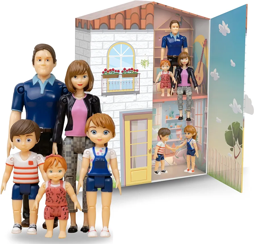 Dollhouse People Figures Set Includes 5 Poseable Dolls, a 20'' Portable Dollhouse, a Family Book, and a Family Coloring Book. The Dolls are Bendable for Easy Play