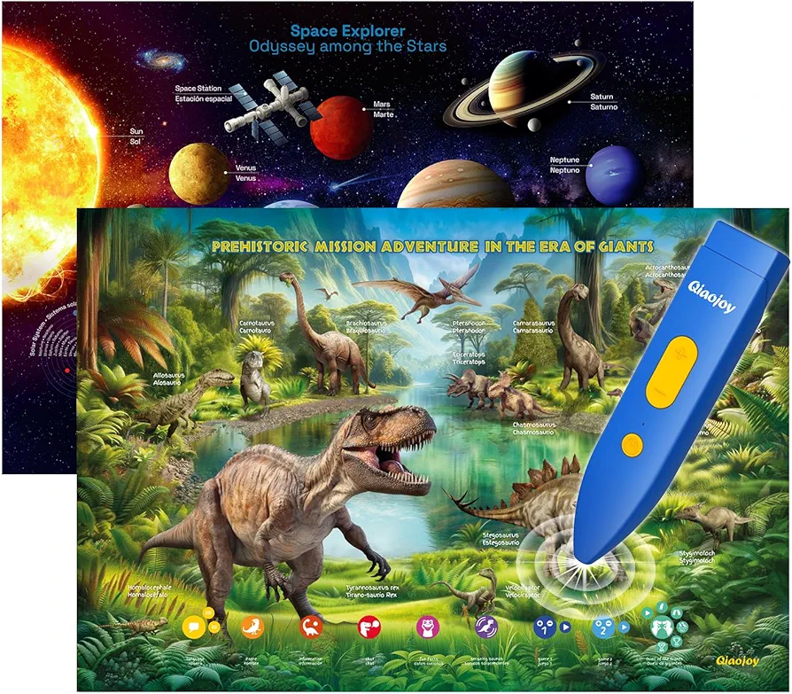 Bilingual Interactive for Kids Talking Dinosaur Space Poster for Kids Learning and Educational Toys,Talking Educational Dinosaur Toy for Ages 3 to 12 Years Old,Space Theme Wall Decor for Preschool