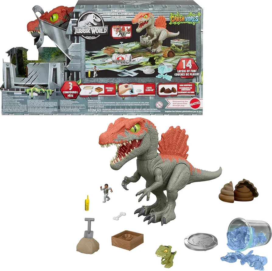 Mattel Jurassic World Cage Crasher Spinosaurus Dinosaur Action Figure & Unboxing Toy, Sand & Gel & Dough, Breakout & Discovery & Rescue Play