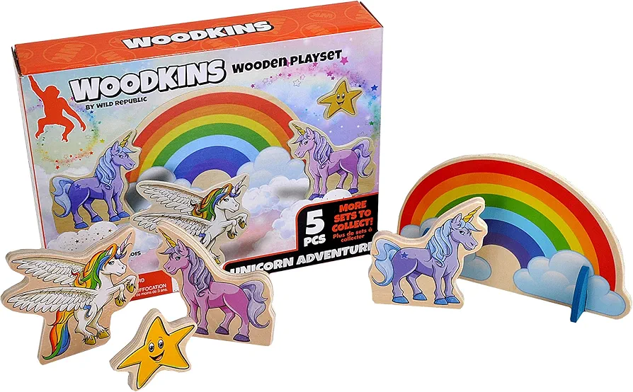 Wild Republic, Woodkins Unicorn Wooden Playset, Gift for Kids, Great for Innovative Play, Eco Friendly, Five Piece Boxed Set