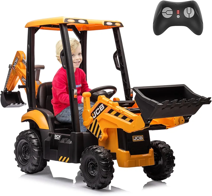 12V JCB Ride On Excavator with Remote Control,Electric Car for Kids 3-8 with Tractor,Bulldozer,Digging Arm, Ride on Car with Slow Start/Stop,Adjustable Speeds (Excavator, Yellow with Roof)