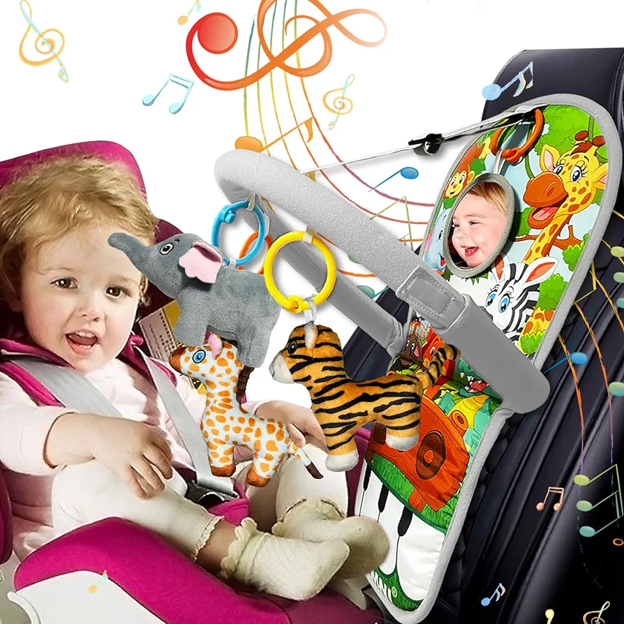 Car Seat Toys for Baby Toys 6 to 12 Months, Carseat Toys with Musical Pedal Piano, Baby Travel Toys with Baby Mirror and Squeaky Sensory Soft Infant Animal Toys, Baby Car Toys Rear Facing