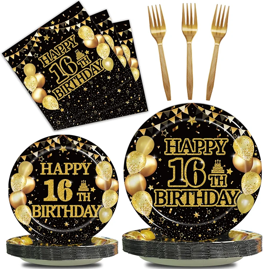 96Pcs 16th Birthday Party Tableware Set, Black Gold Cheers to 16 Years Party Decorations Supplies 16 Years Old Birthday Party Dessert Plates Napkins for Boys Girls 16th Birthday Party Favors, Serve 24