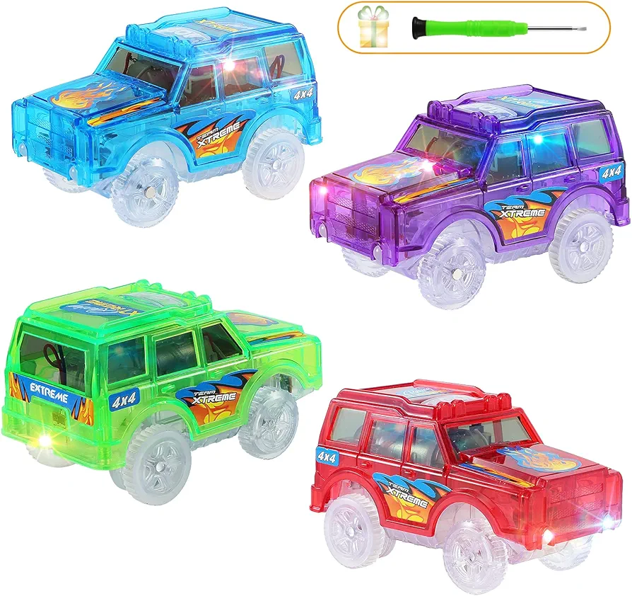 Tracks Cars only Replacement, Toy Cars for Tracks Glow in The Dark, Car Tracks Accessories with 5 Flashing LED Lights, Compatible with Most Car Tracks for Kids Boys and Girls(4pack)