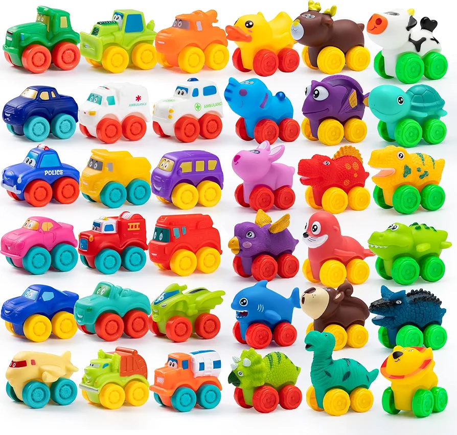 JOYIN 36 Pcs Soft Rubber Car Set Toy, Baby Mini Toy Vehicles, Bath Toy Car for Boys and Girls, Babies Christmas Birthday Gift, Summer Beach and Pool Activity, Party Favors for Kids