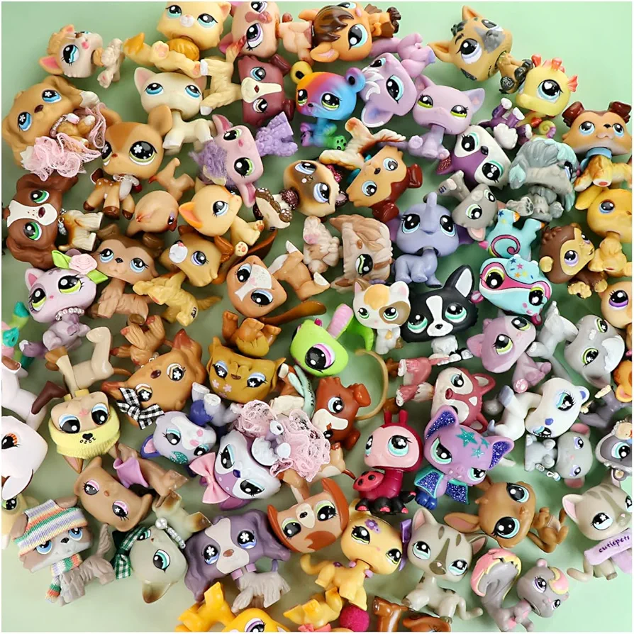 Random 5PC Toys and Random 15pcs Accessories Rare Pet Shop, Mini Animal Toy Cute Collie Short Hair Cat Great Dane Cocker Spaniel Dog and More for Girls Collection Action Figures Toys