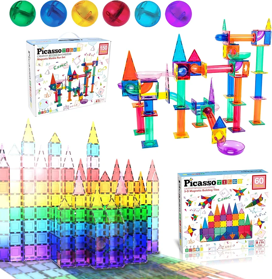 PicassoTiles 150PC Marble Run Race Track + 60PC Magnet Tiles Fun & Creative Playset Bundle: STEAM Learning & Educational Sensory Toy for Preschool & Kindergarten Kids Ages 3+, A Classroom Must Have