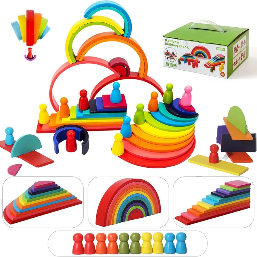 Wooden Rainbow Stack Set,45-Piece 4-in-1 Rainbow Stacking Toys Building Blocks for Kids Ages 3 4 5 Preschool Montessori Toys