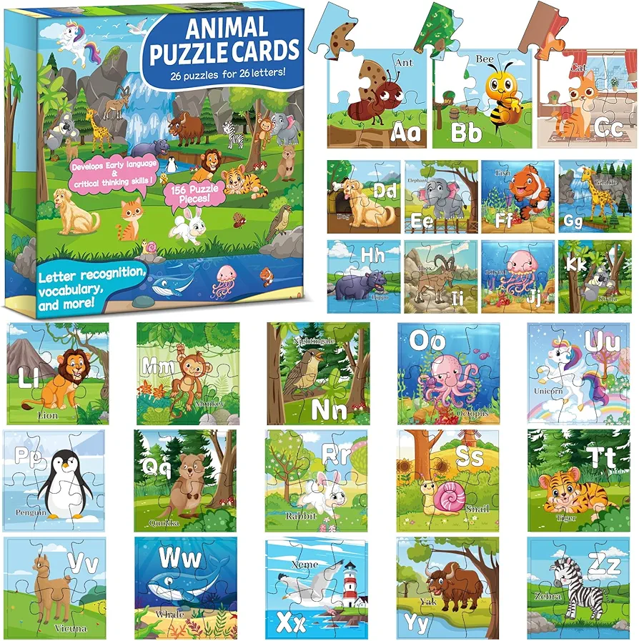 26Pack Puzzles for Kids Ages 3-5, Mini Animal and Alphabet Jigsaw Puzzle Set, ABC Learning for Toddlers, Back to School Party Favors Gifts for Toddler Kids for Classroom