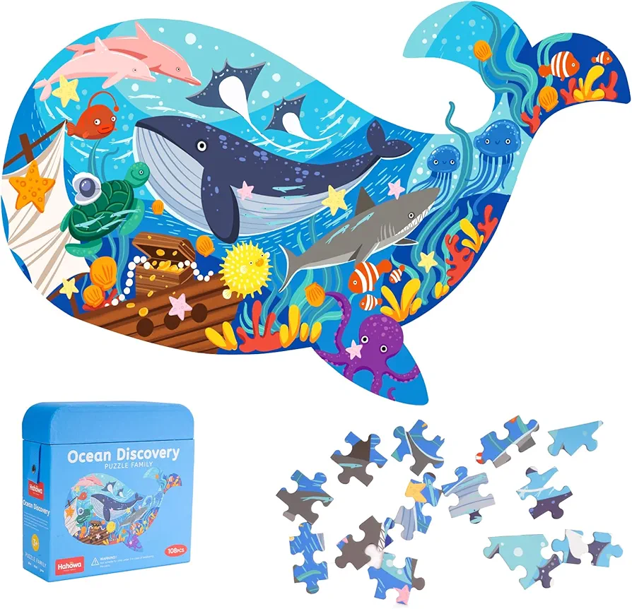 Chifafortoo 108 Piece Whale Jigsaw Puzzle for Kids 4-10, Ocean Animal Shaped Seaworld Preschool Learning Educational Puzzle Toys for Toddler Children (23.38 x 14.72 Inch)