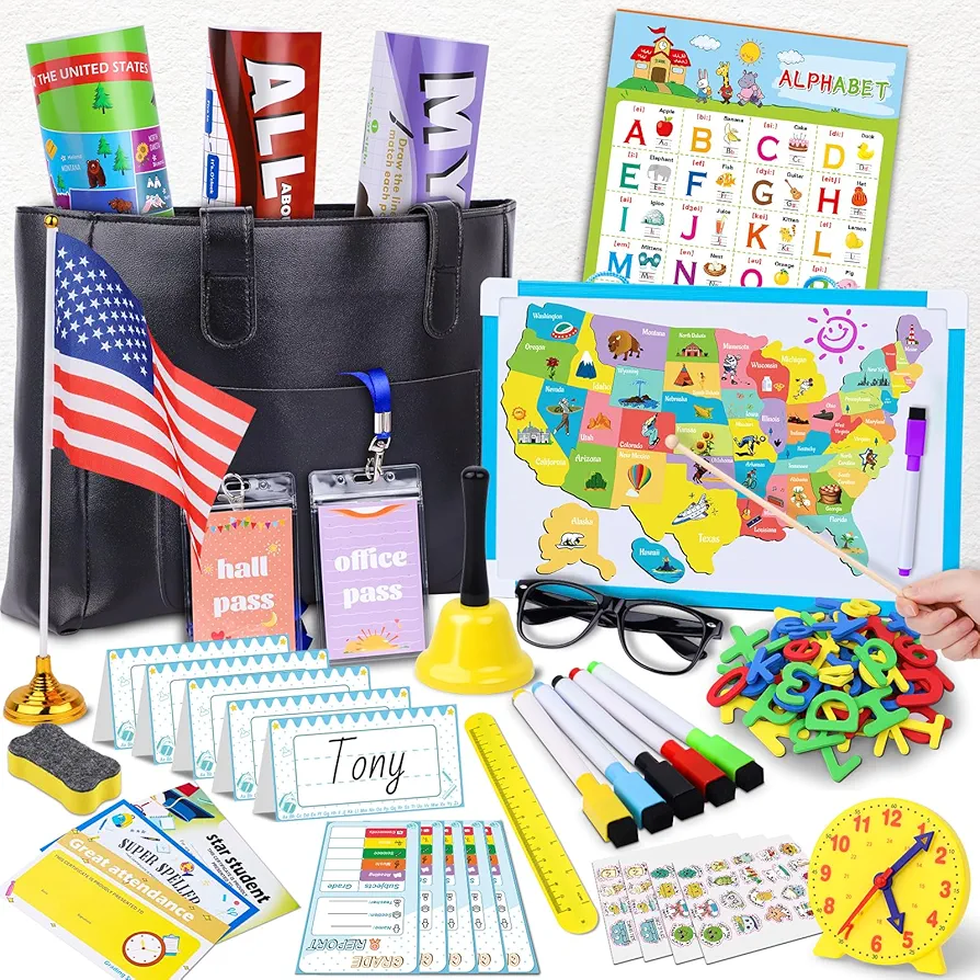 Gifts2U Pretend Play School Sets for Kids - With Teacher Bag, Whiteboard, Learning Clock, Educational Posters and Teaching Toy Supplies.