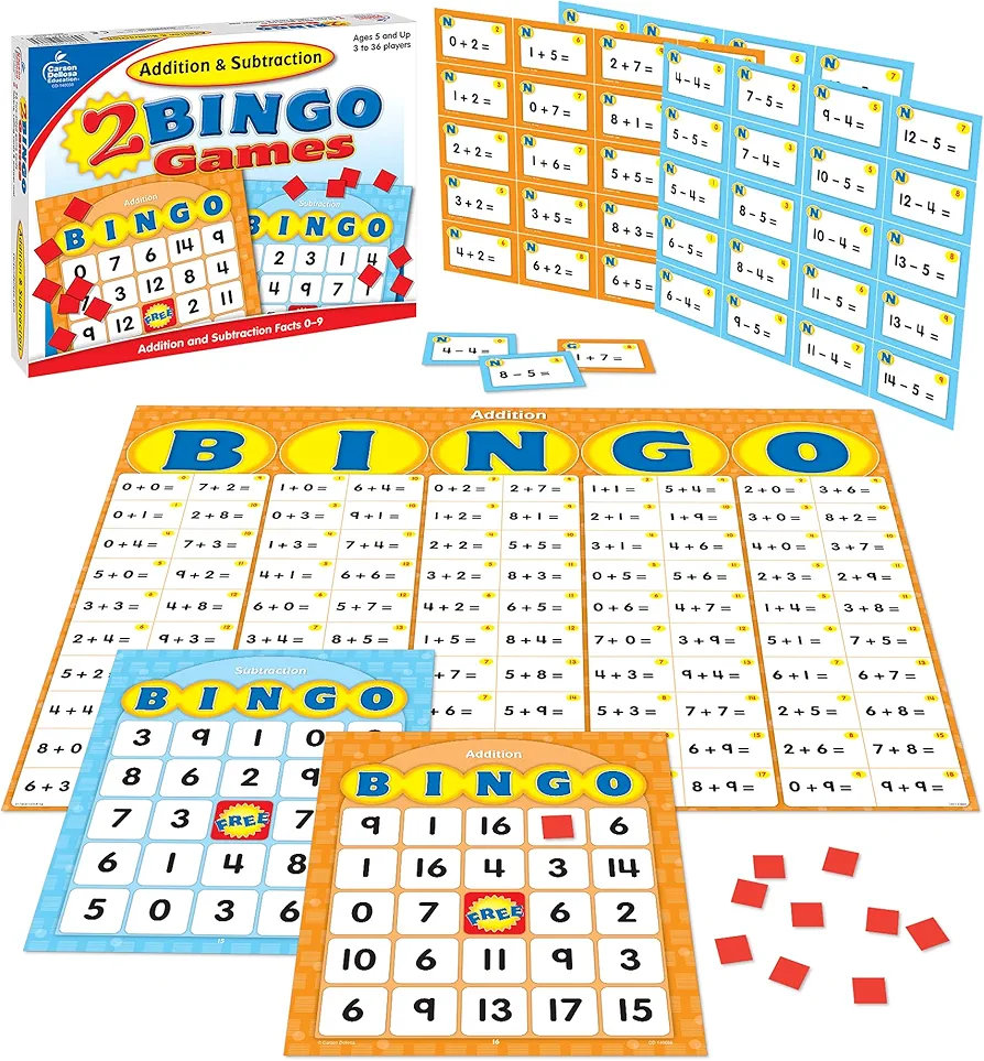 Carson Dellosa Addition and Subtraction Bingo Game for Kids, 2 Educational Math Games, Classroom Learning Games for 3-36 Students, Math Bingo for Kindergarten to 2nd Grade