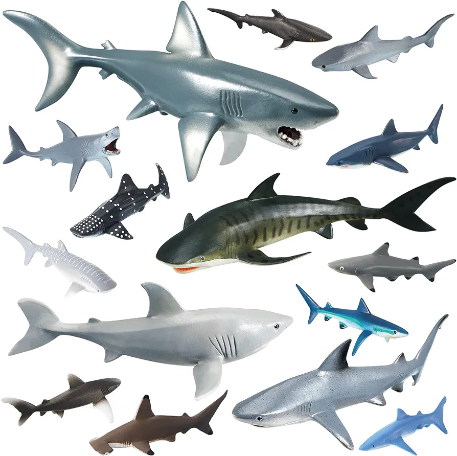 15 Pcs Shark Toys Plastic Assorted Ocean Animal Shark Figurine Realistic Shark Bath Toys Sea Creature Toys Shark Figures Marine Animal Figurines for Kids Birthday Party Favor Cake Topper Cognitive Toy