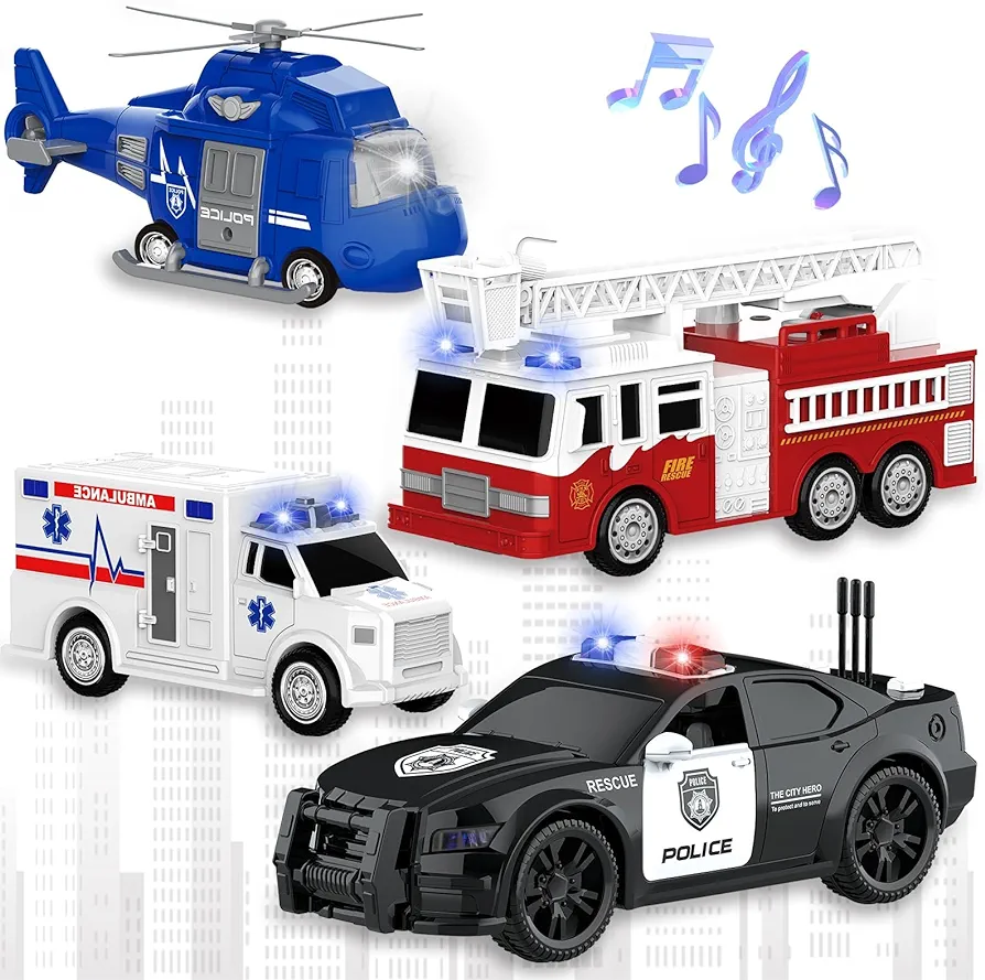 EPPO 4 Packs Fire Truck Toy, Ambulance, Police Car, and Helicopter, Emergency Vehicle Truck Toy Set with Lights and Sounds, Friction Powered Car Toy for Toddler Boys 3 4 5 6 Years Old