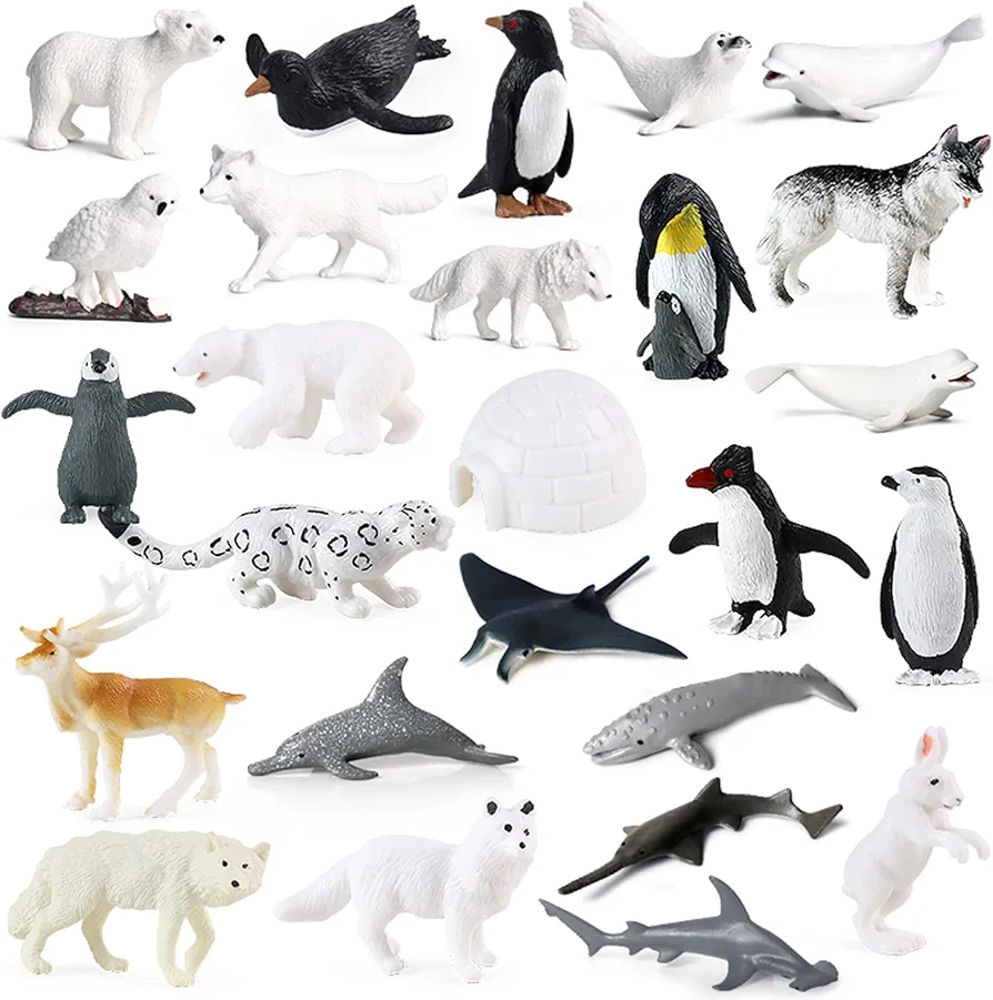 26PCS Mini Sea Animal Figures, Realistic Arctic Ocean Animals Figurines Plastic Ocean Miniature Toys Playset with Arctic Animals, Sharks, Reindeer etc. Easter Egg School Project Gift for Kids Toddlers