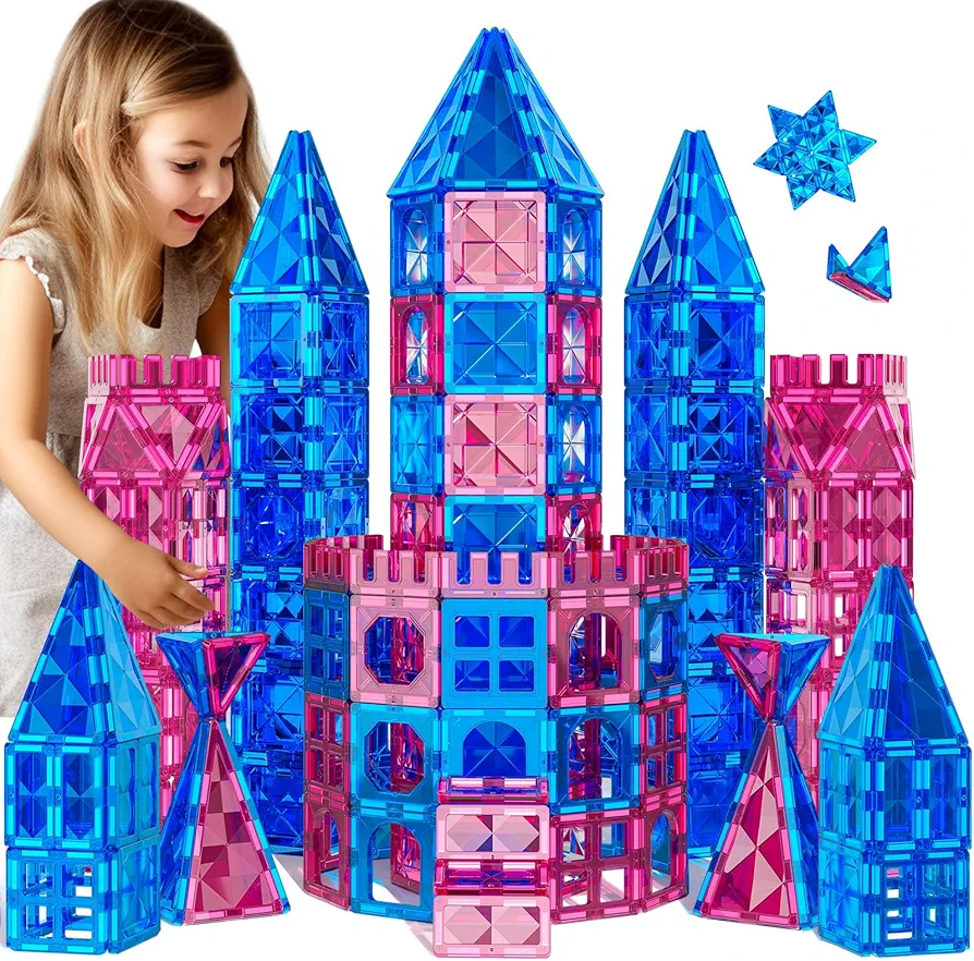 SNAEN Magnet Tile Block Set Magnetic Building Blocks Board Puzzle 3D Block Game Board Toys STEM Learning, Educational, Toddler Birthday Gifts for Kids 3 4 5 6 7 8 Years Old Girl (60PCS-Magnetic Tiles)