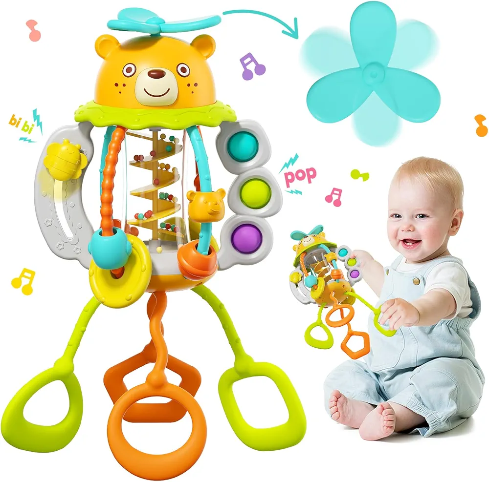 HOLA Montessori Toys for 1 Year Old Boy-Rattle Teething Toys Baby Toys 0-6 Months Baby Toys 6-12 Months, Silicone Pull String Toys Sensory Toys for 1 Year Old Girl Gifts Christmas Stocking Stuffers