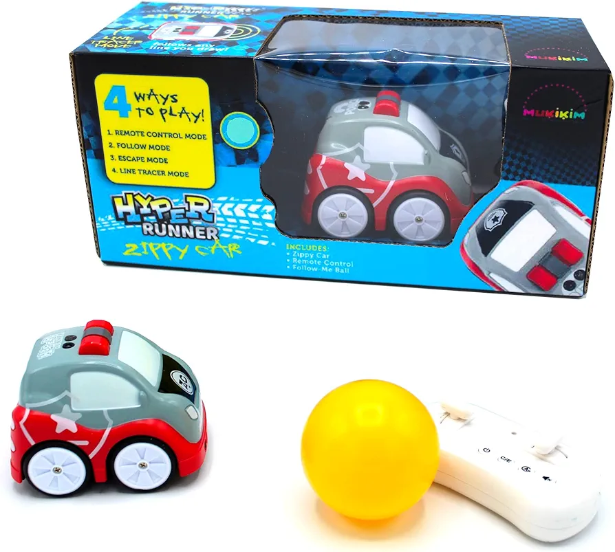 MUKIKIM Zippy Car - RC Mini Car Toy with 4 Ways to Play: Escape/Follow/Line Tracer/Remote Control Modes. Smart STEAM Vehicle Toy for Ages 5 6 7 8 Boys & Girls. Music Feature & USB Car Charging