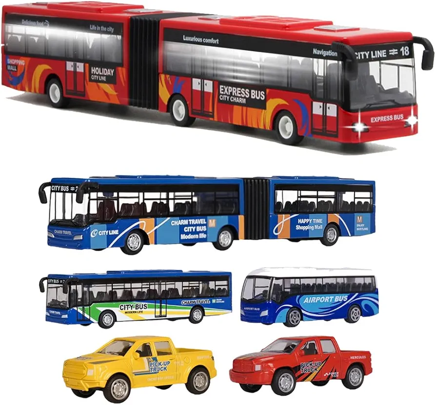 City Bus Die Cast Alloy Pull Back with Sounds and Lights & 5 Pack City Buses Model Mini Cars Play Vehicles Pickup Truck for Boys Kids Toddlers Ages 3+