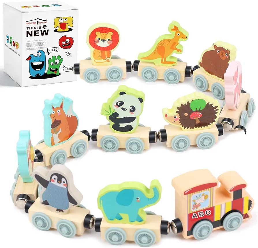 LovesTown 11PCS Magnetic Wooden Animals Train Set, Montessori Toys for Toddlers Toys for Preschool Learning Activities Birthday Kids Boys Girls