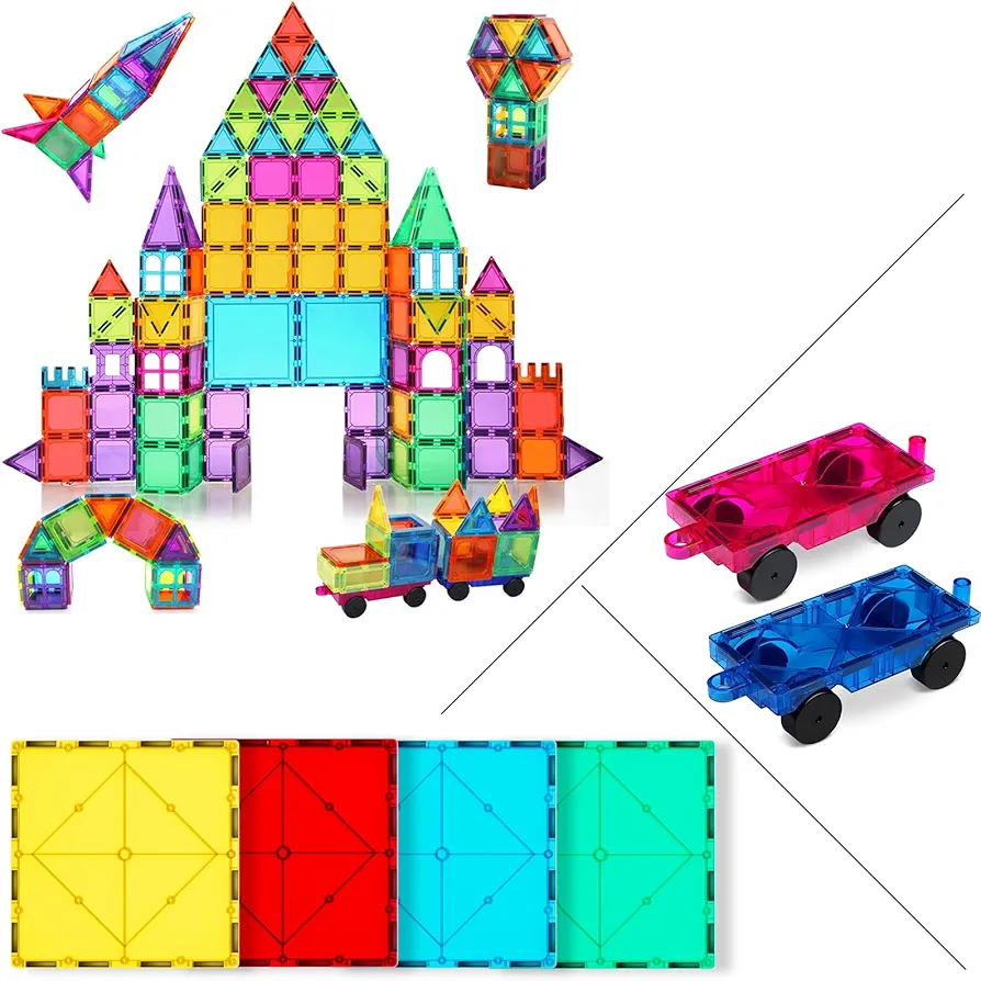 Bmag Magnetic Tiles 120 PCS Plus 4PC Magentic Large Square Plus 2PCS Magnetic Car