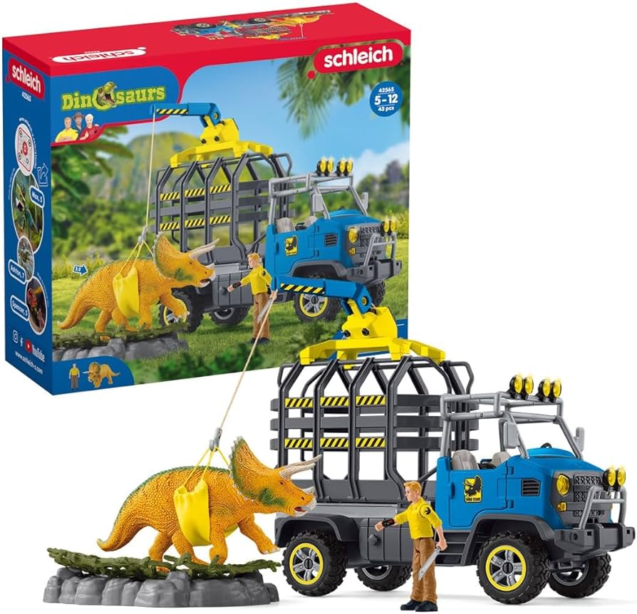 Schleich Dinosaurs, Dinosaur Toys for Kids, Dino Transport Mission Set with Dinosaur Truck and Triceratops Toy, 13 Pieces, Ages 4+