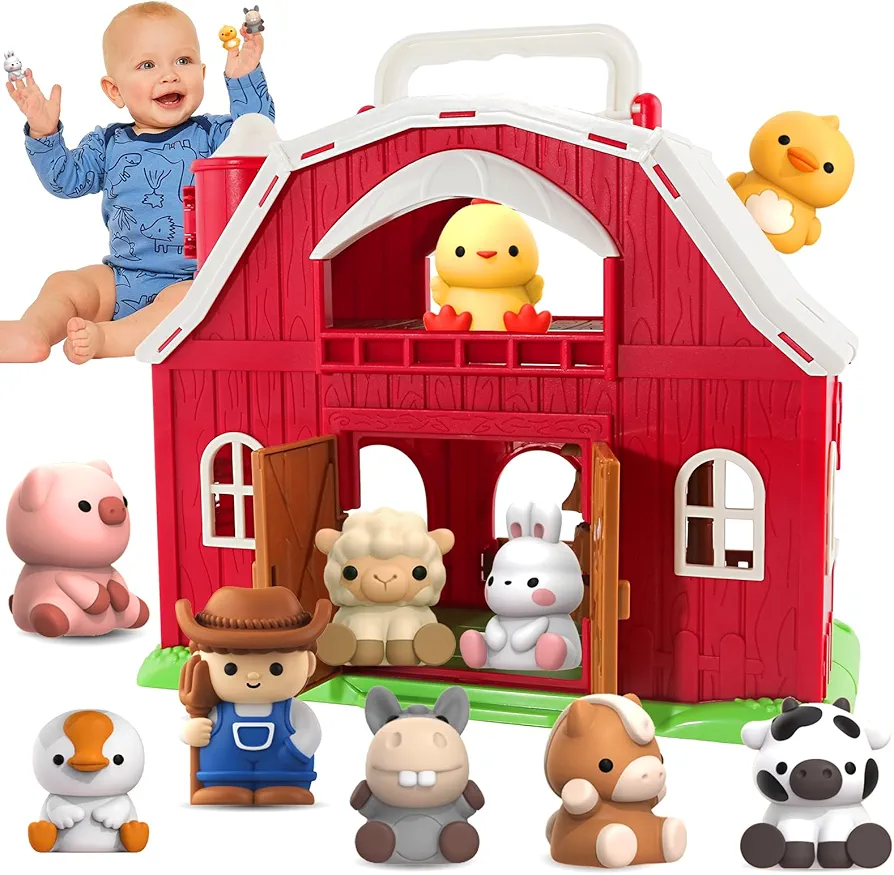 Toys for 1 2 3 Years Old Boys and Girls, Big Barn Toy with Farm Animal, Preschool Montessori Toy, Farm Pretend Playset with Big Red Barn & Farmer, Easter Gift Toy for Toddlers