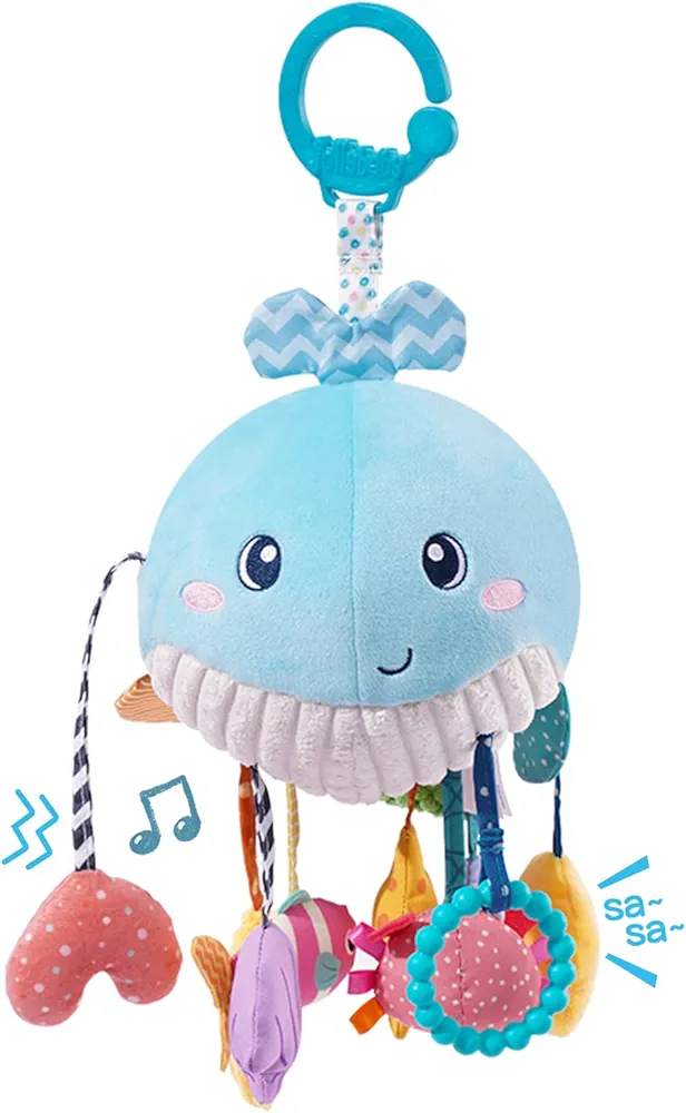 Jollybaby Baby Toys 0-6-12-18 Months for Stroller Crib Gym or Car Seat, Plush Pull String Whale Hanging Toy with Teether Rattle & Squeaker, Montessori Sensory Toys for Toddlers, Baby Boy Girl Gifts