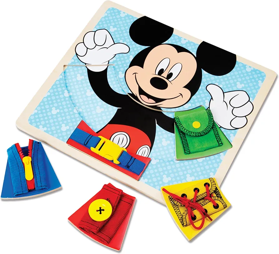 Melissa & Doug Mickey Mouse Clubhouse Wooden Basic Skills Board - Zip, Lace, Tie, Buckle, Button, and Snap