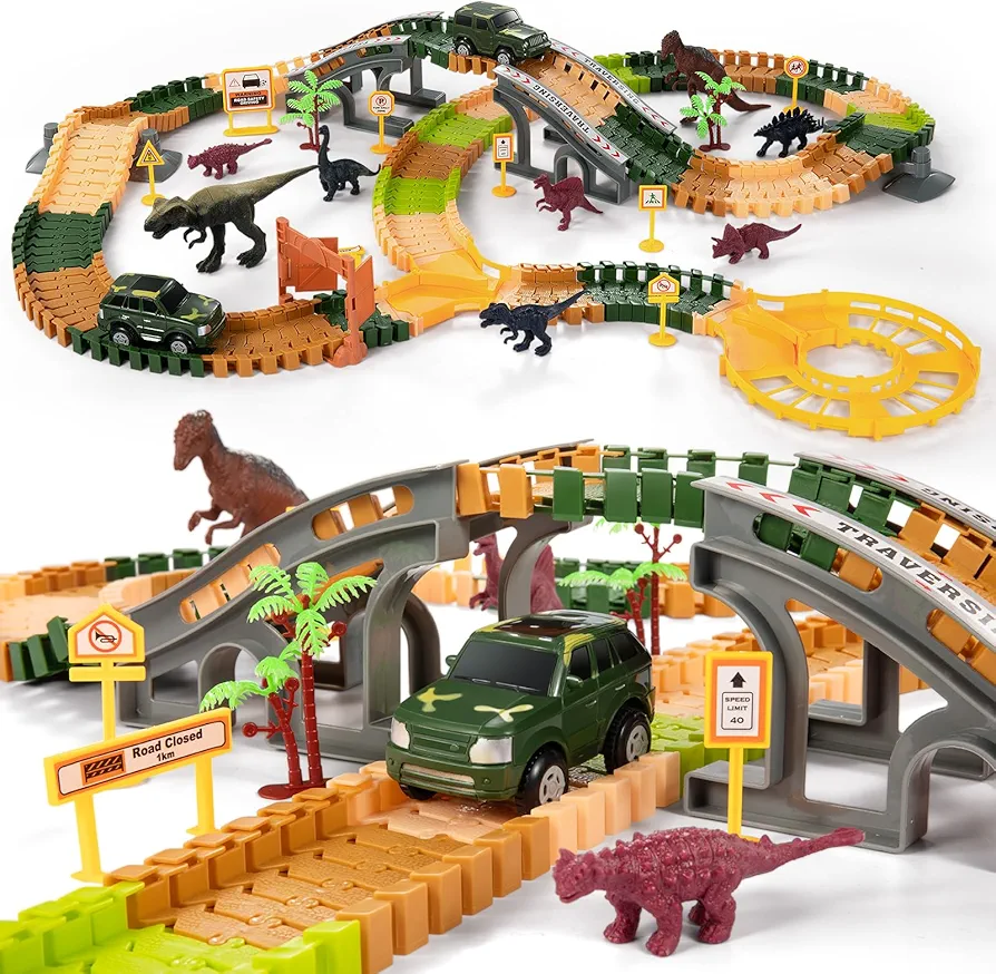 TEMI 239PCS Dinosaur Track Toy for Kids Toddlers 2 3 4 5 6 Years, with 2 Pack Race Cars and 7 Pieces Jurassic Dinos, Create A Dinosaur World with Flexible Tracks, Birthday Gifts for Boys Girls