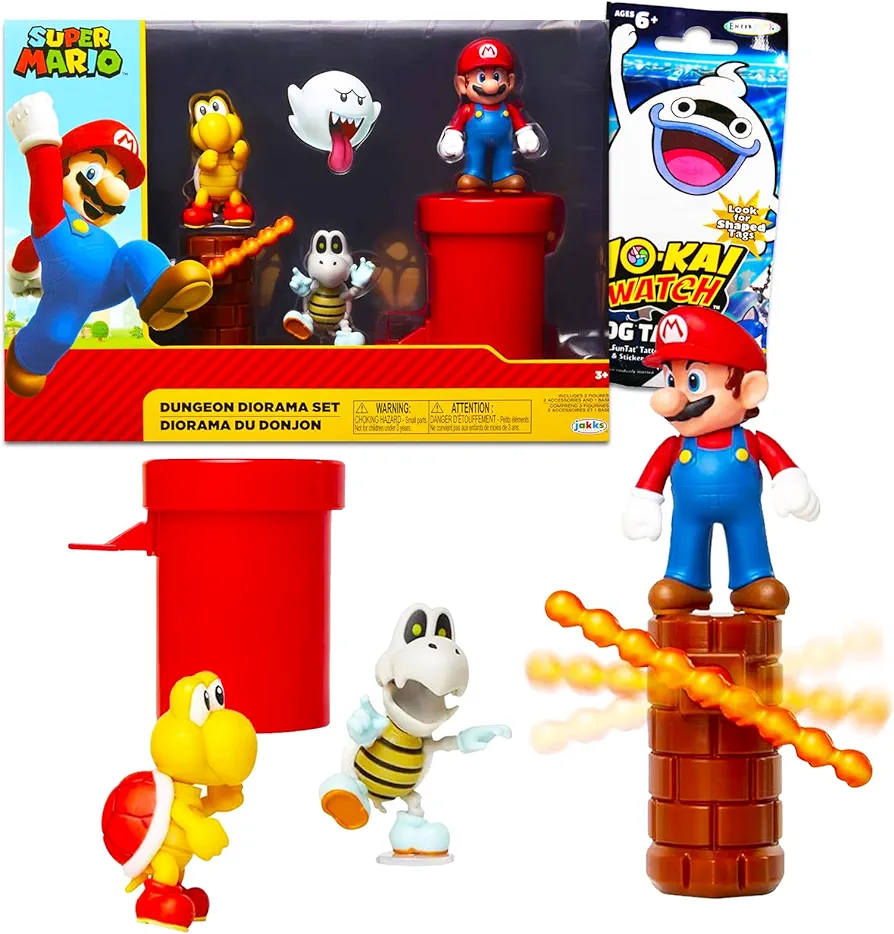 Super Mario Diorama Set for Kids - Bundle with Mario Diorama Playset with Super Mario Figurine, Interactive Pieces, and More | Super Mario Dungeon Play Set