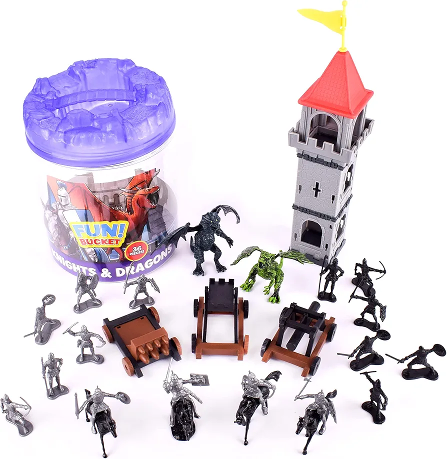 Sunny Days Entertainment Knights and Dragons Figures in Bucket – 42 Assorted Soldiers and Accessories Toy Play Set for Kids | Plastic Fantasy Figurines with Storage Container